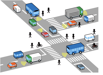 図：自動運転支援機能付きの車が走る道路イメージ